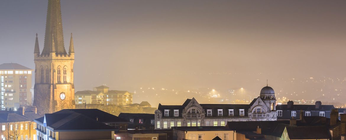 Photograph of the night time skyline of Wakefield.
