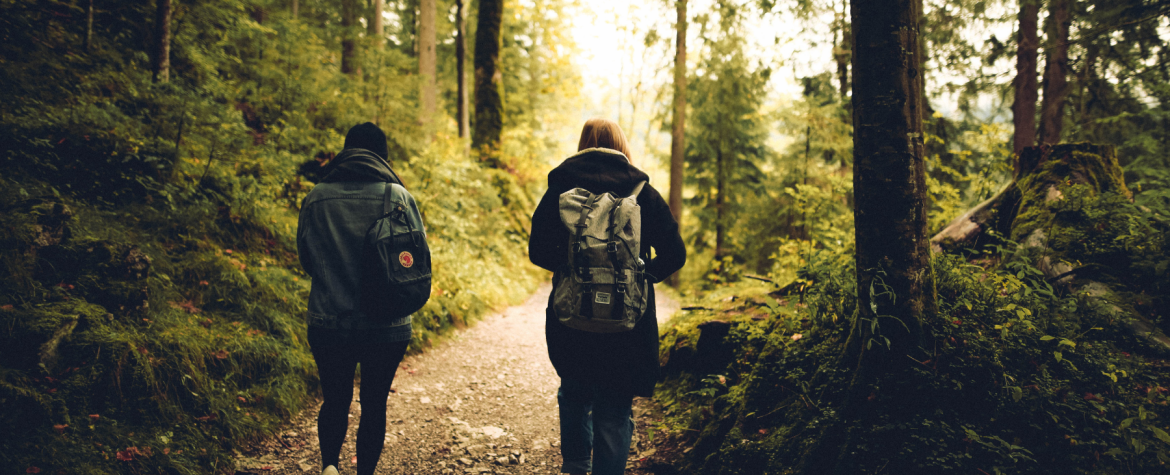 Two people walking on a path in the woods.