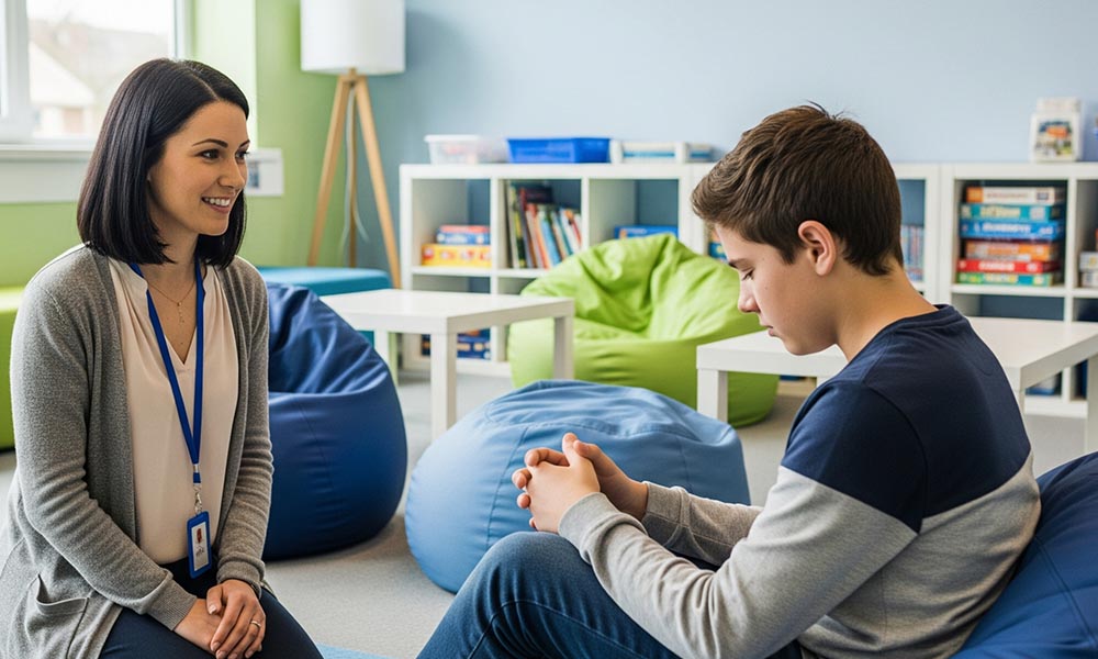 A colleague and teen having a discussion.