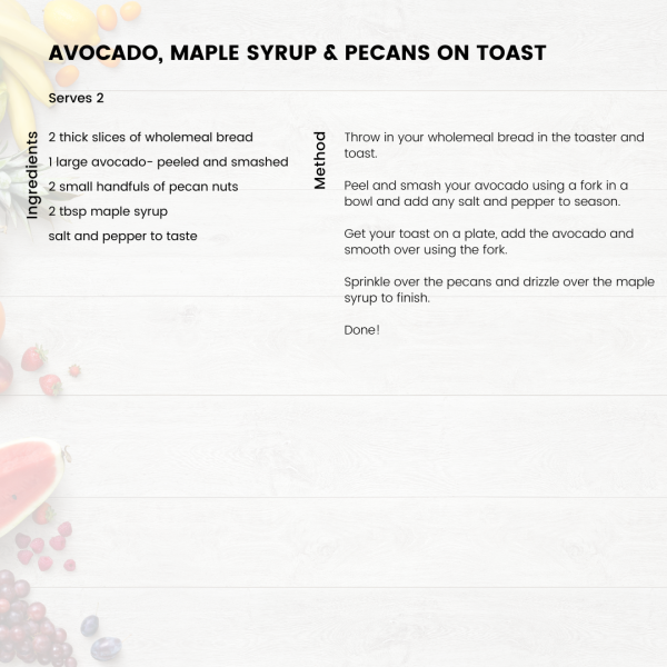 Recipe of Avocado, Maple Syrup and Pecans on toast.